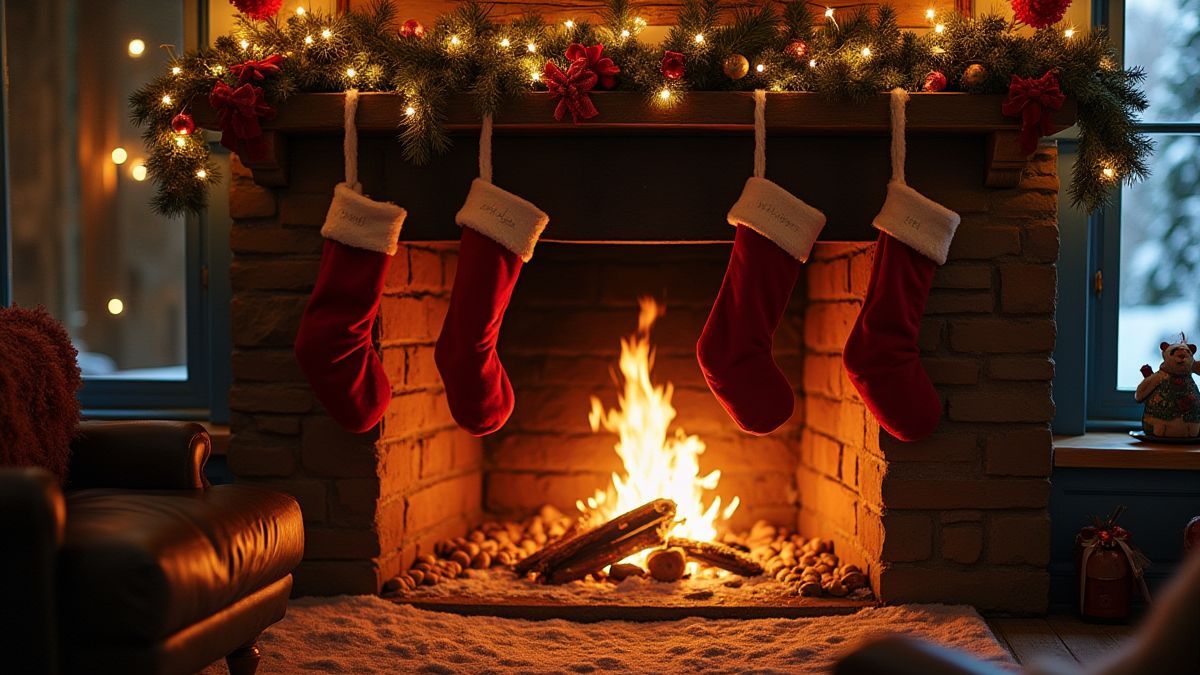 Chimenea acogedora con calcetines colgados y nieve afuera.