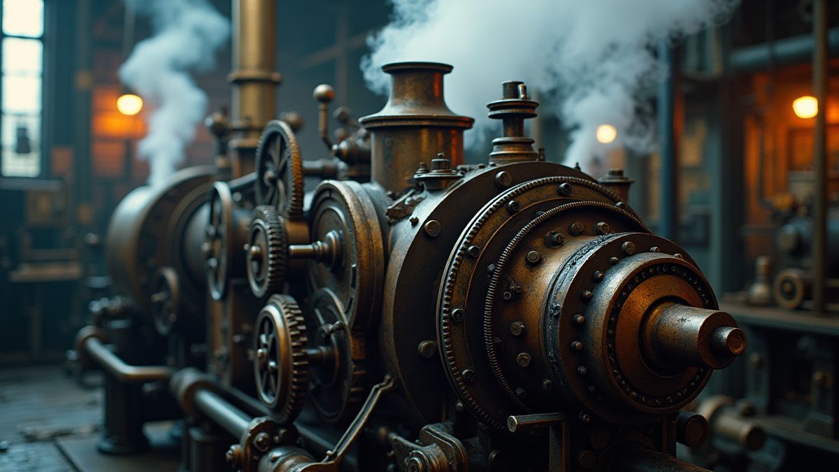 Une machine industrielle steampunk avec engrenages et vapeur sortant.