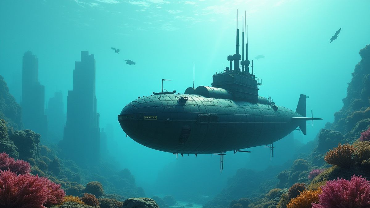 Submarino steampunk navegando por arrecifes de coral futuristas.