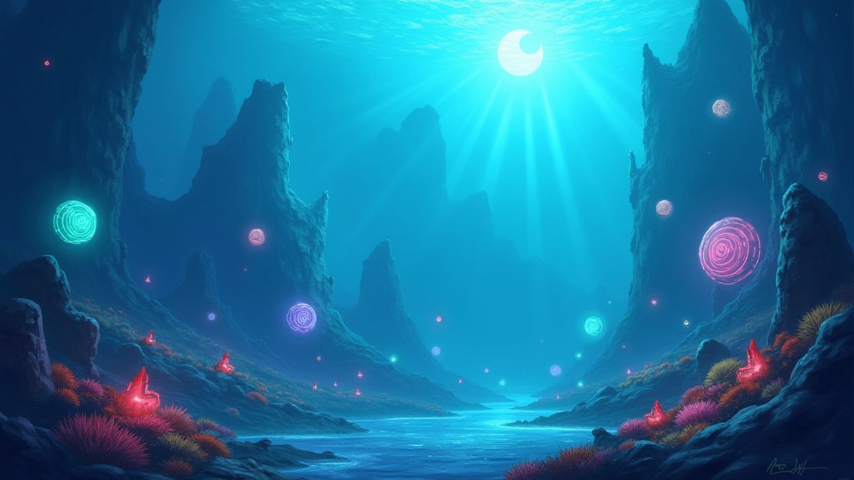 Escenario submarino com símbolos brilhantes e estruturas futuristas.