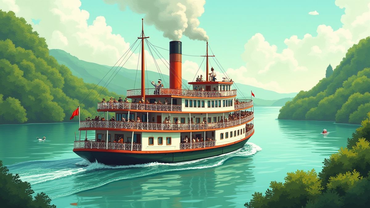 Classic steamboat sailing through green waters with passengers on board.