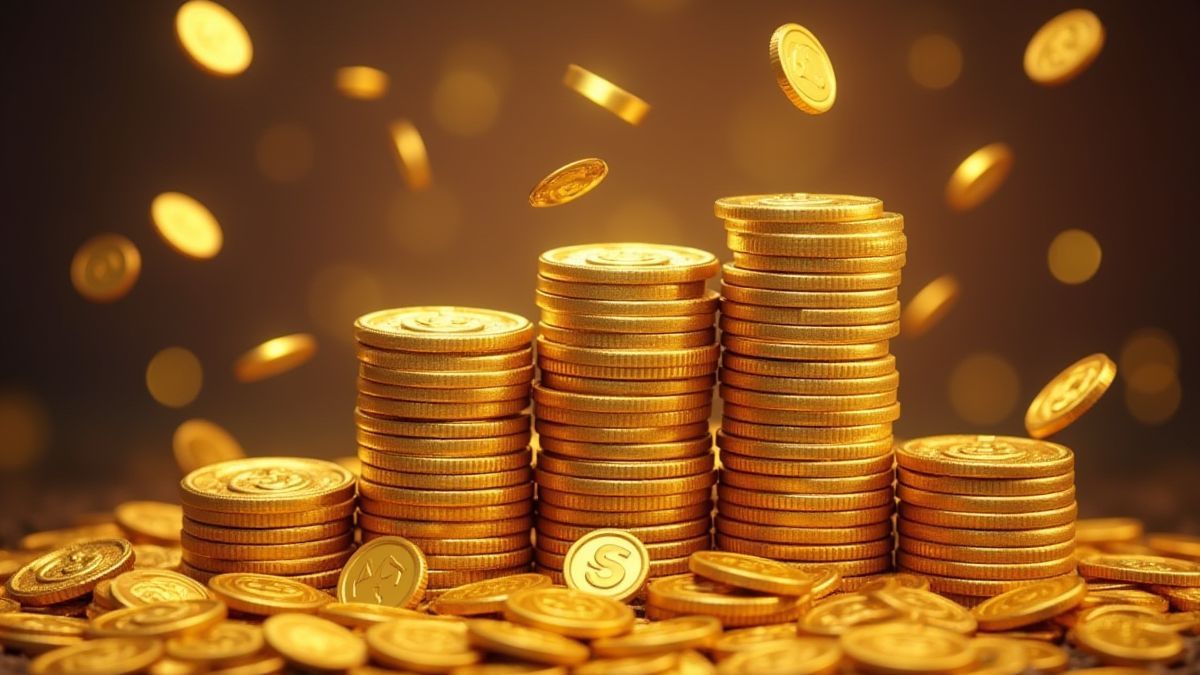 Gold coins and multipliers on a slot machine screen.