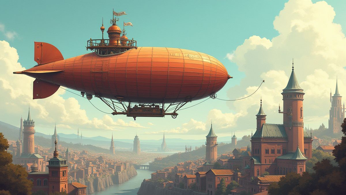Dirigível sobre uma cidade steampunk vitoriana.