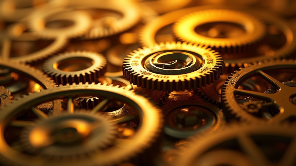Engrenagens douradas brilhando com um efeito luminoso.