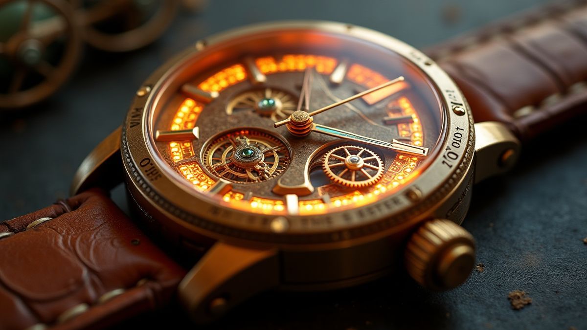 Relógio steampunk brilhante com engrenagens e acabamento de bronze.