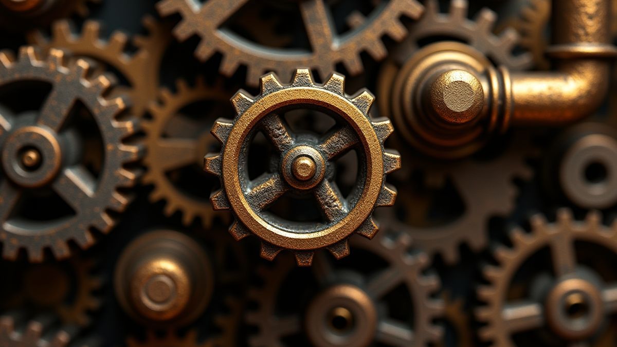 Zahnräder und Rohre im Steampunk-Stil mit goldenen und bronzenen Texturen.