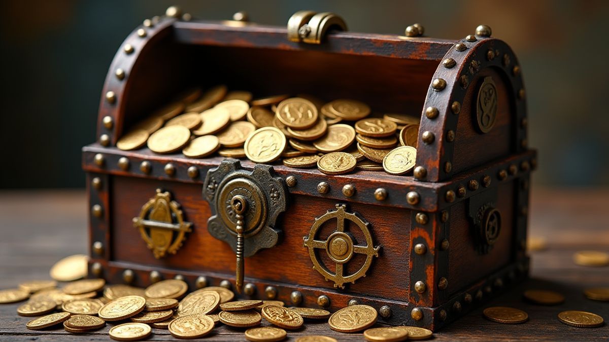 Eine Schatztruhe im Steampunk-Stil, die mit Münzen und Zahnrädern überquillt.