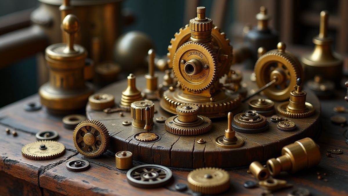 Ein goldenes Zahnrad umgeben von Dampf und mechanischen Teilen.