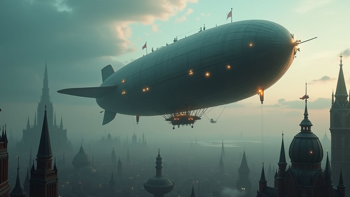 Ein Luftschiff über einer Steampunk-Stadt unter einem bewölkten Himmel.