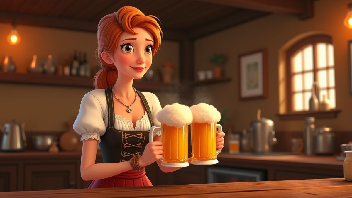 Uma camarera bávara servindo cerveja em uma taberna acolhedora.