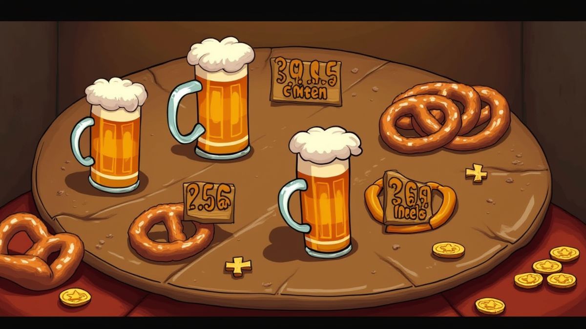 Uma mesa animada com canecos de cerveja e pretzels representando os ganhos do slot.
