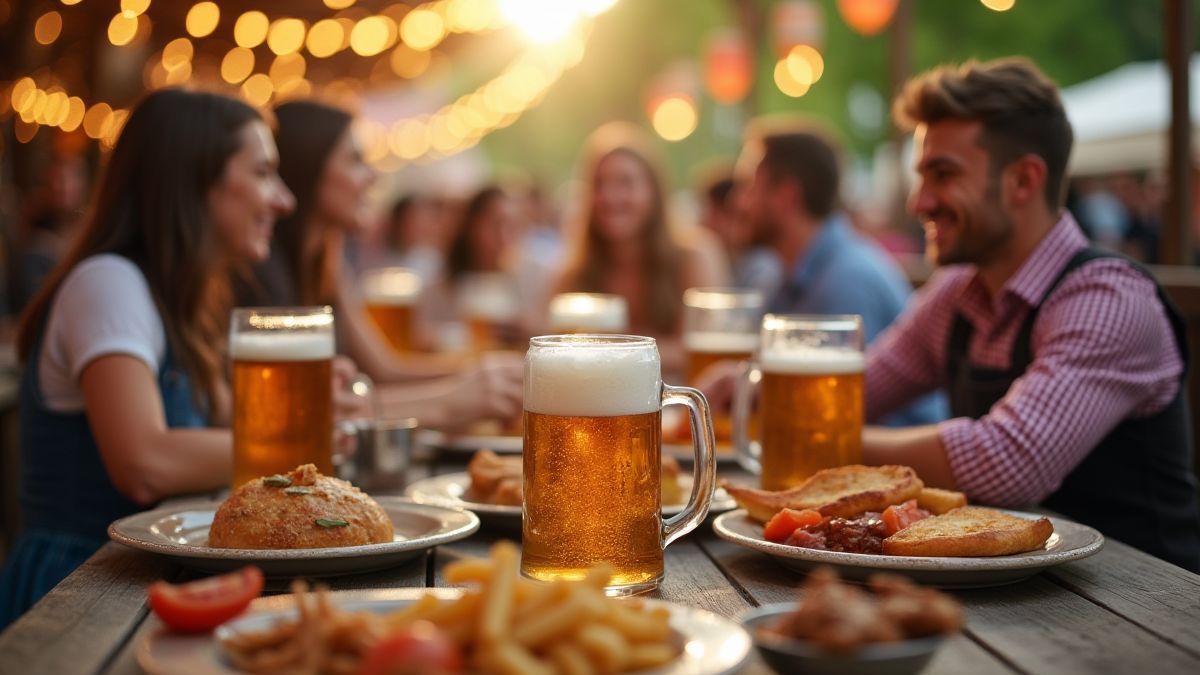 Personas disfrutando de cervezas y comida tradicional en el Oktoberfest.