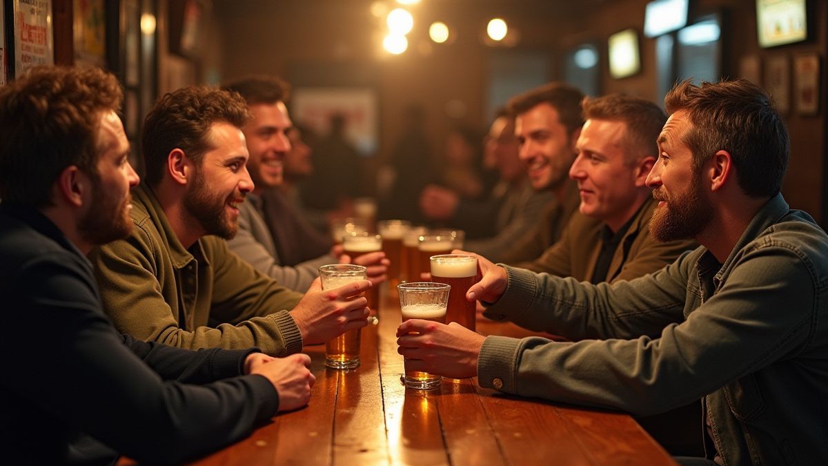 Clientes en un bar compitiendo para beber más cerveza.