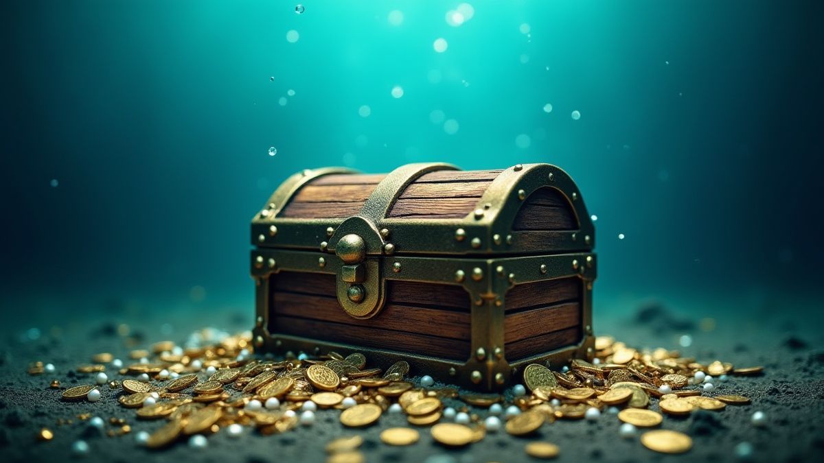 Eine Schatztruhe am Grund des Ozeans umgeben von Goldmünzen und Perlen.