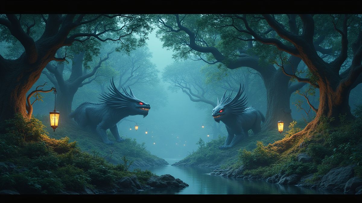 Een Aziatisch bos vol mythische wezens onder lantaarnverlichte bomen.