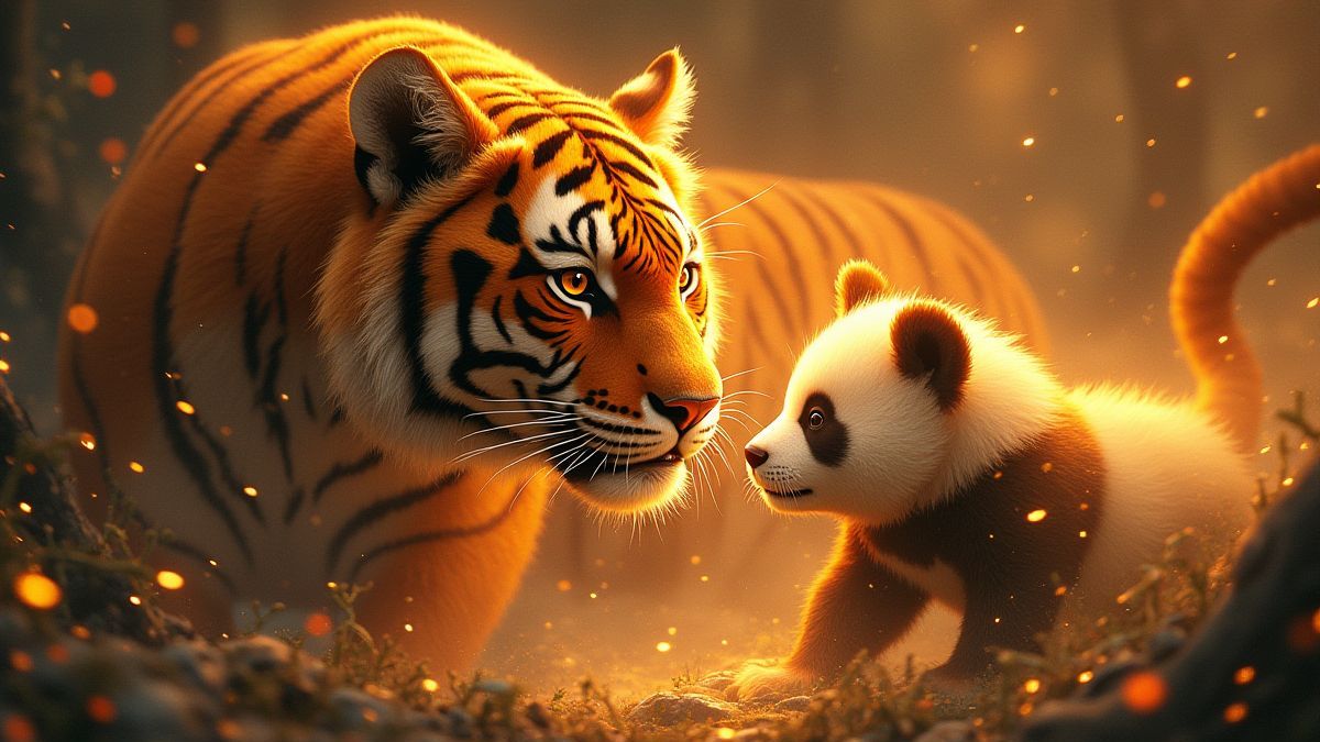 Een gouden tijger en een panda omringd door mystieke lichten.