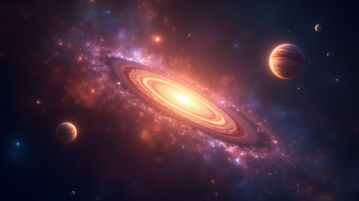 Un groupe de étoiles brillantes entourées de planètes et de poussière cosmique.