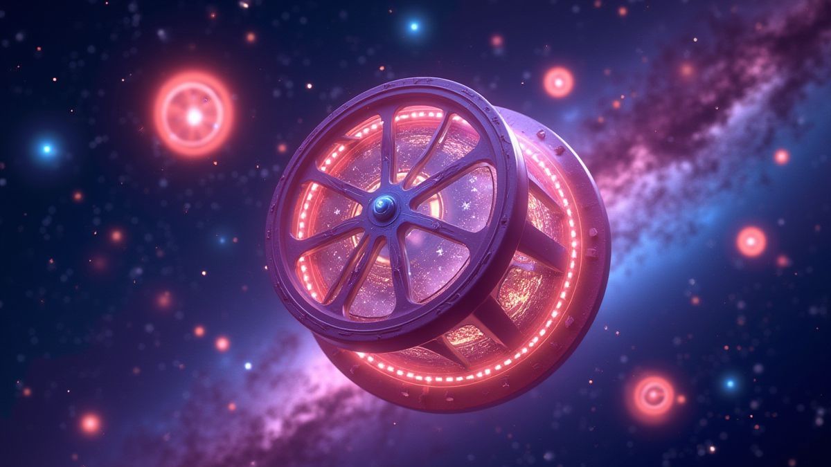 Un rouleau brillant rempli de symboles expansifs flottant dans l'espace cosmique.