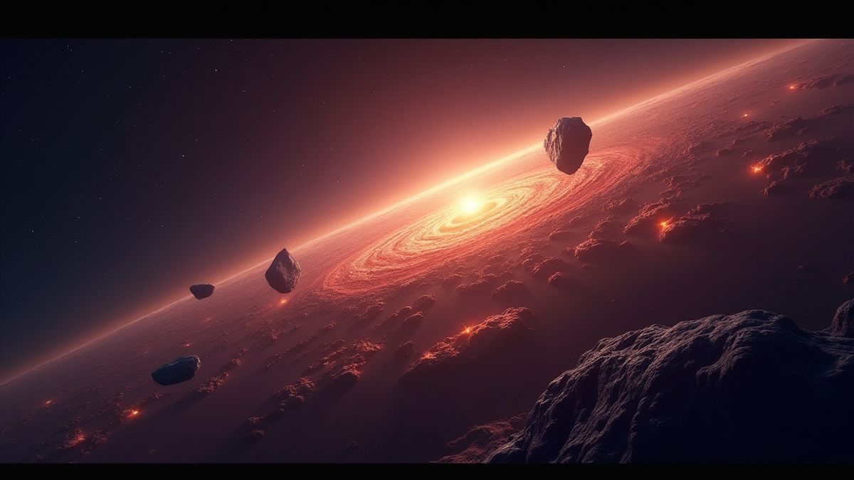 Glowing asteroid belt with stars in the background.