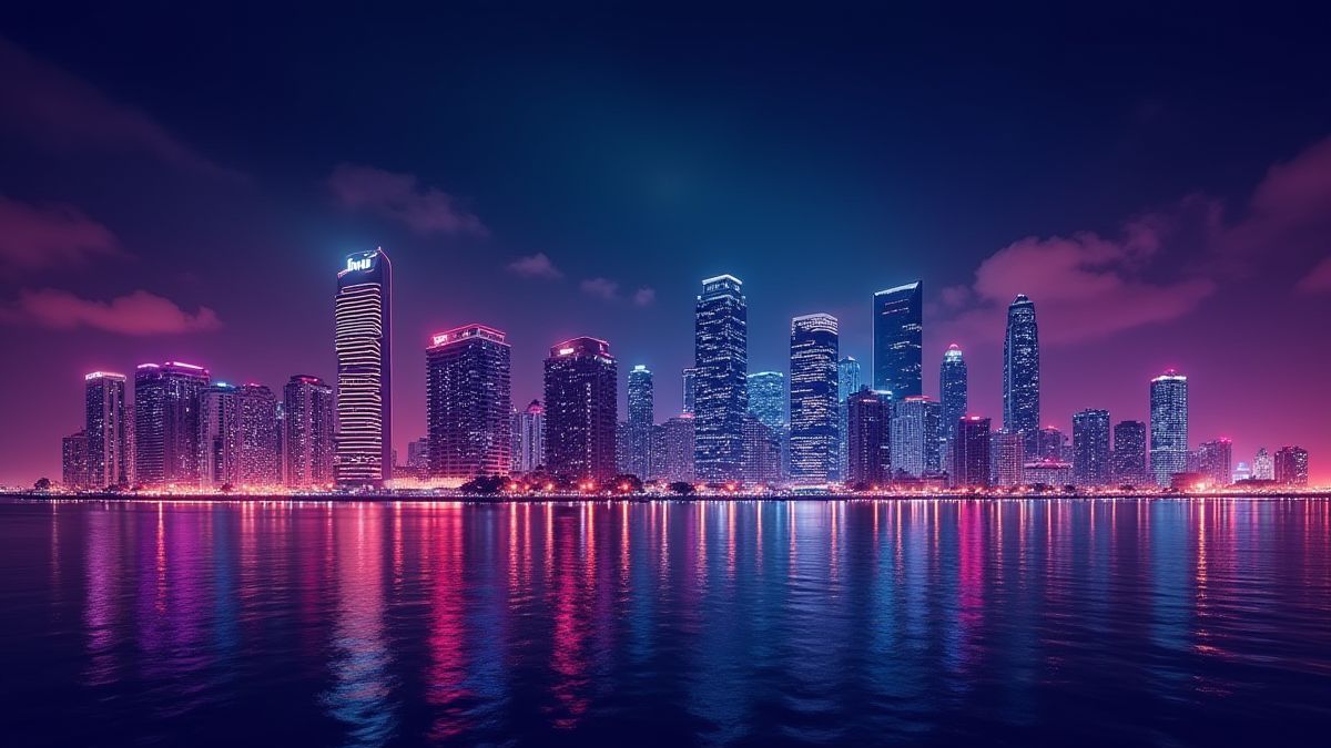 Image d'un skyline de Miami illuminé avec des lumières néon.