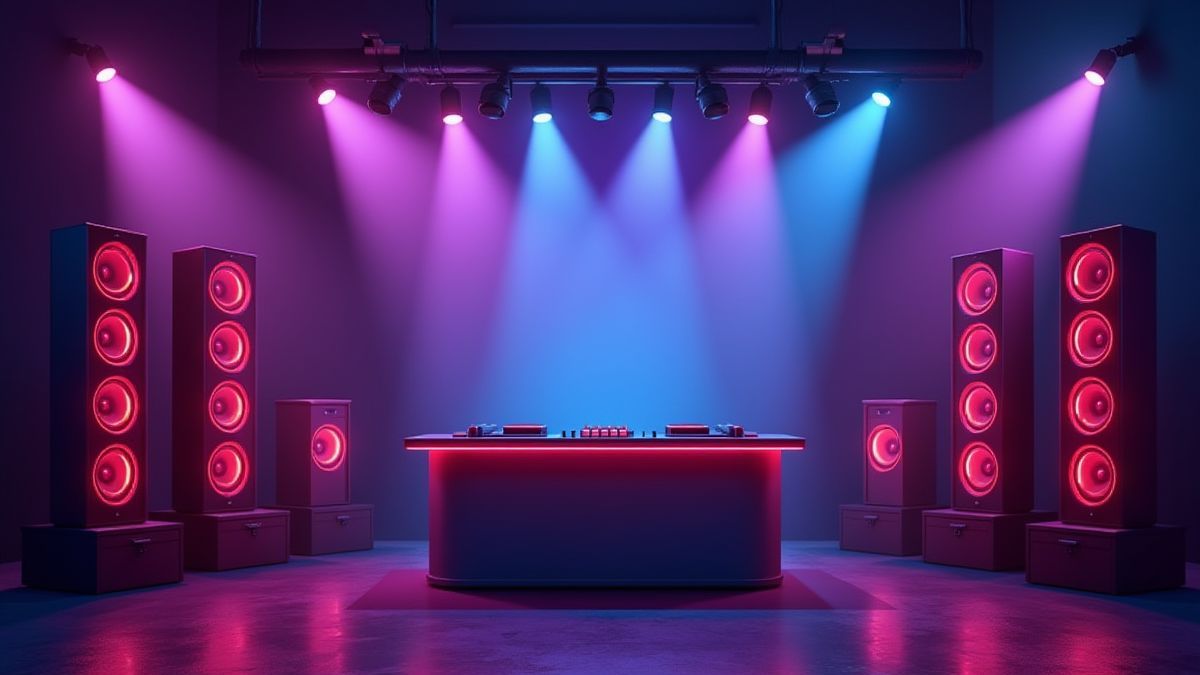 Cabine de DJ animée entourée de haut-parleurs brillants.