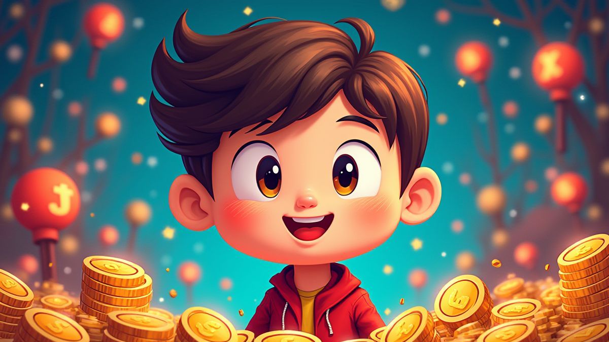 Un personnage de style rétro entouré de symboles et de pièces colorées.