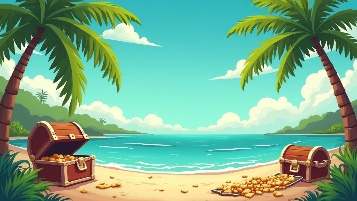 Environnement tropical avec un personnage de dessin animé rétro explorant des trésors.