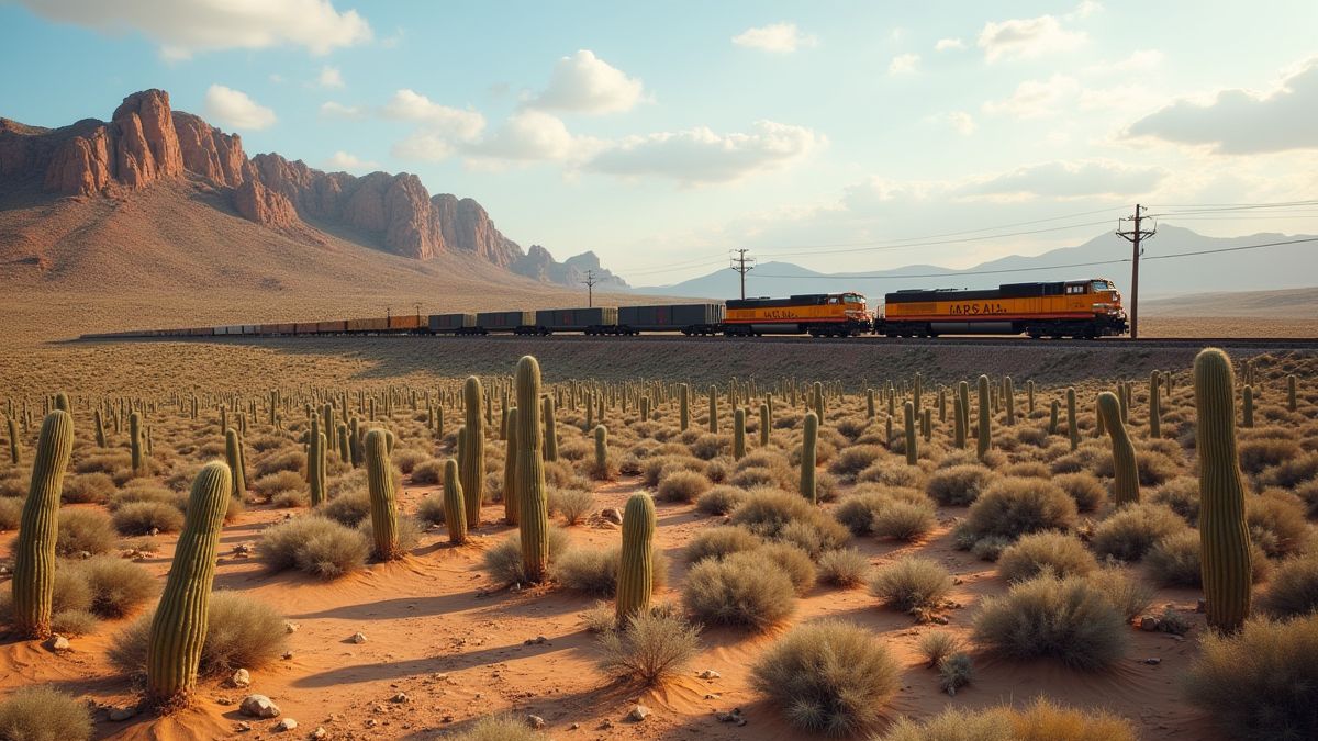 Paisaje del desierto con un tren cruzando entre cactus y terreno árido.