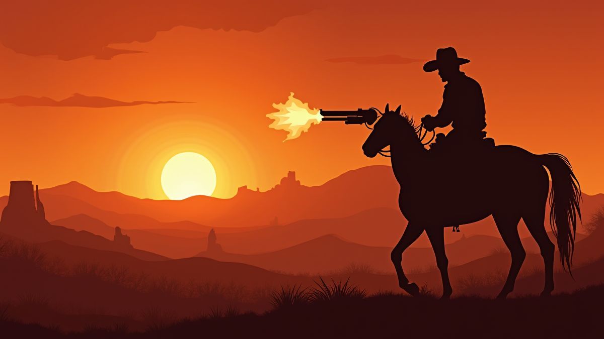Vaqueiro disparando um revólver sob um pôr do sol dramático no deserto.