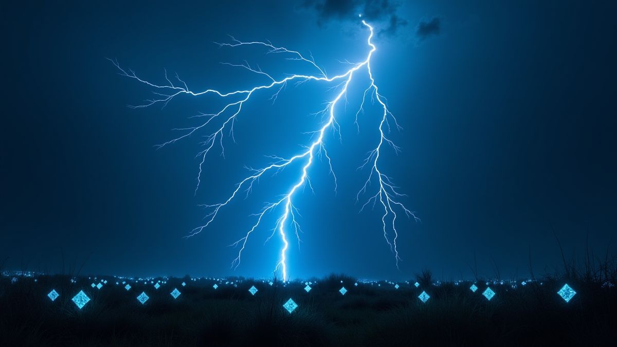 Een onweersstorm in de nacht met diamanten die in het landschap schitteren