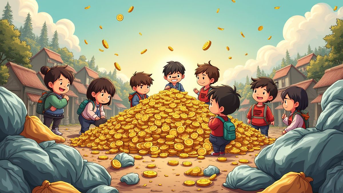 Cartoonachtige personages omringd door afval en gouden munten.