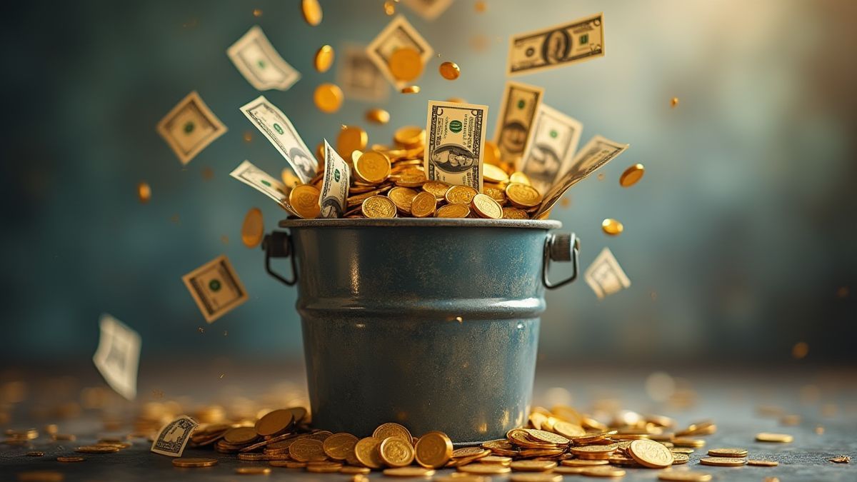 Een vuilnisbak vol met gouden munten en bankbiljetten.