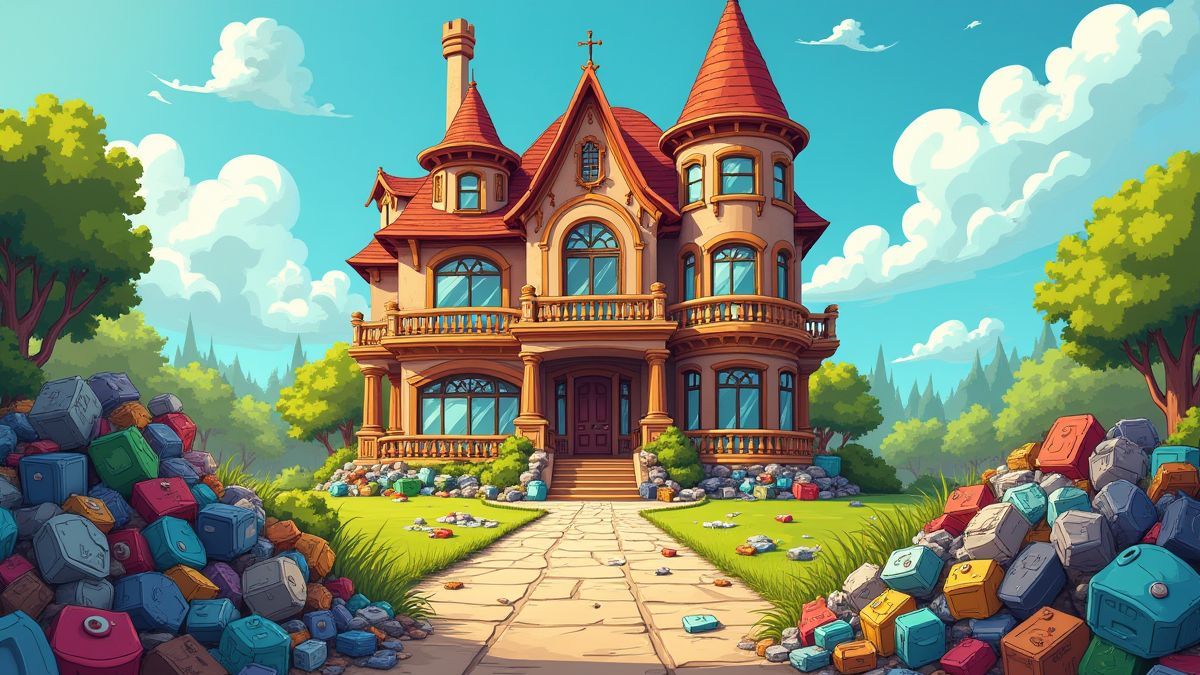Een luxe cartoon mansion omringd door vuilnis en excentrieke personages.