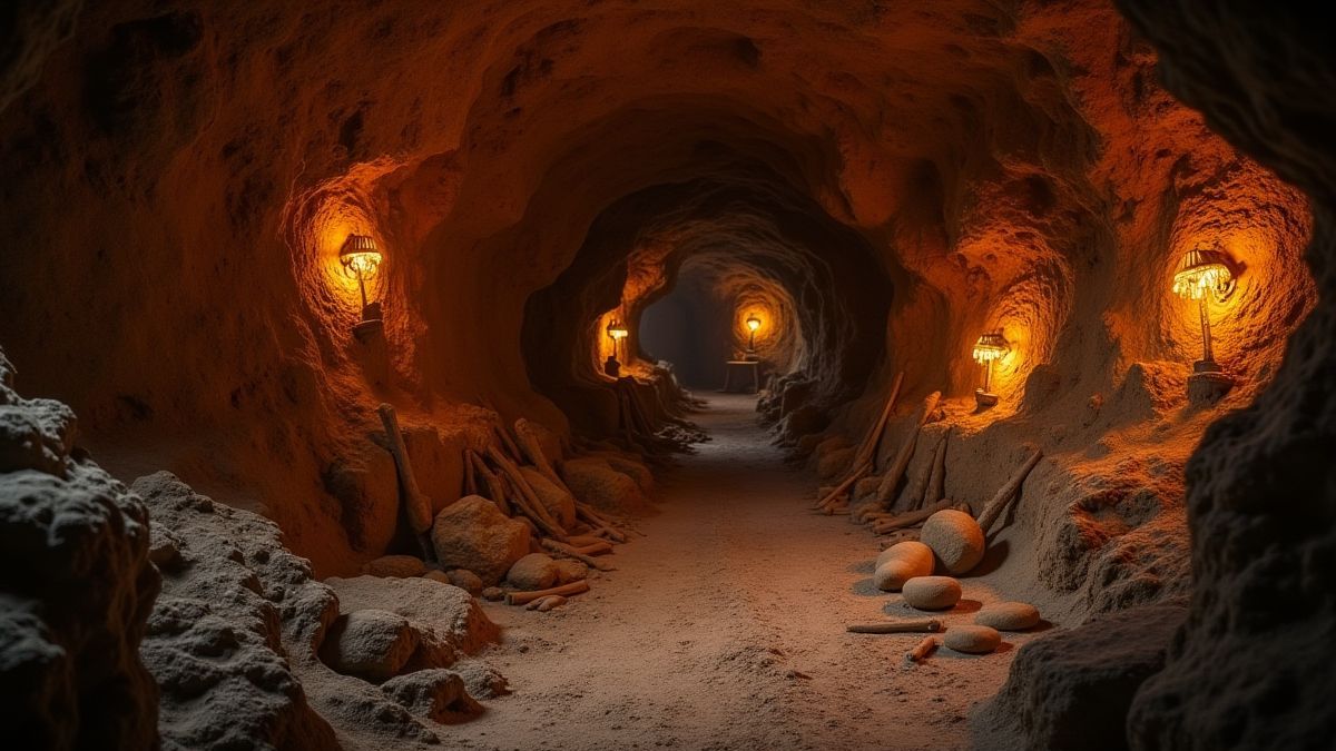 Intérieur d'une grotte avec des outils préhistoriques et des symboles brillants sculptés.