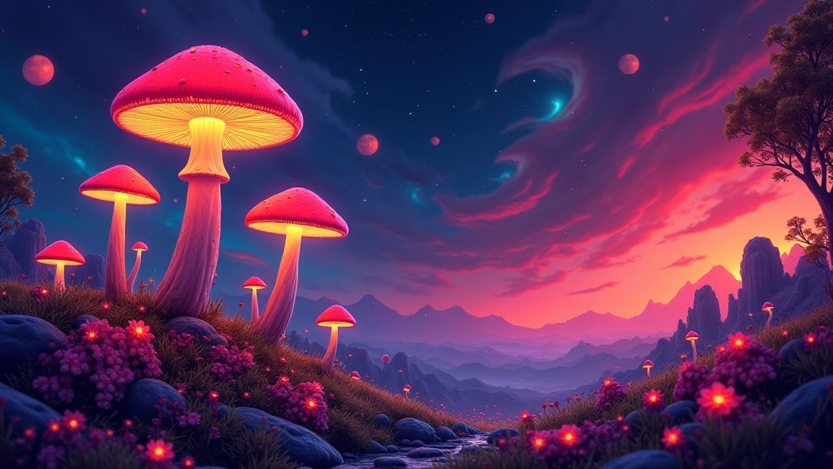 Psychedelischer Hintergrund mit leuchtenden Pilzen und surrealen Formen.