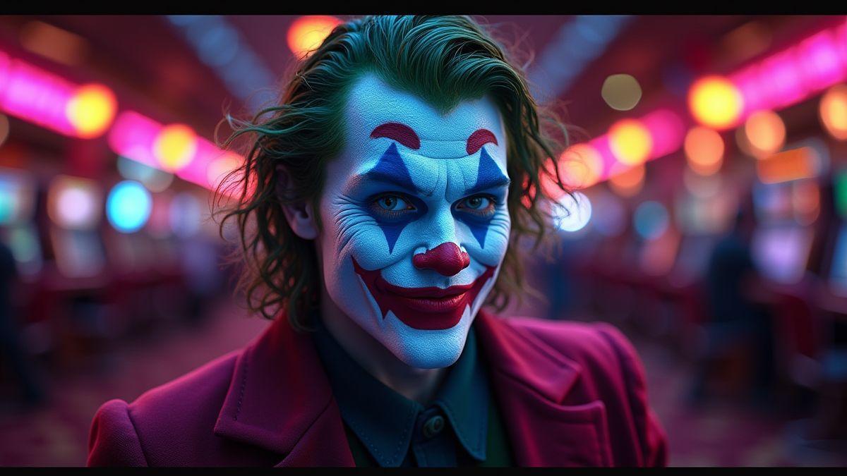 Ein leuchtender Joker umgeben von bunten Lichtern in einer Casino-Umgebung.