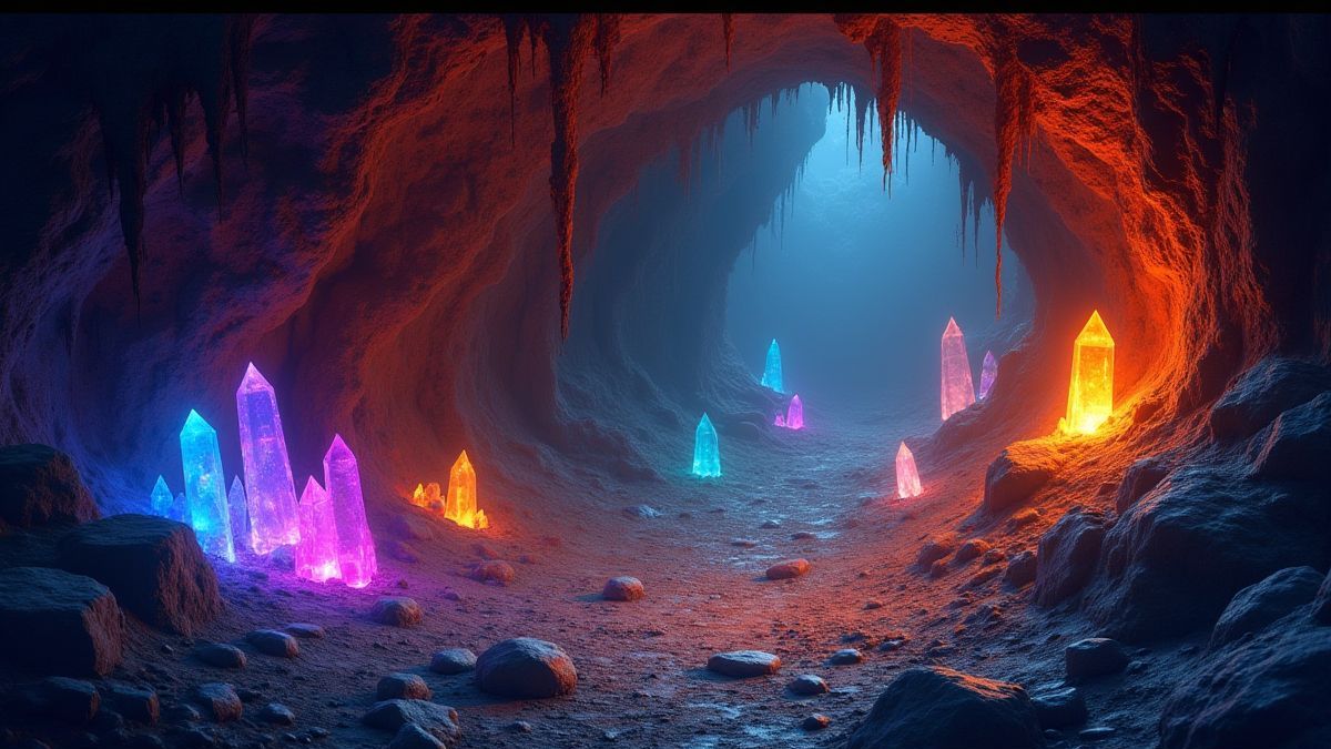 Cueva prehistórica con cristales brillantes y artefactos antiguos.