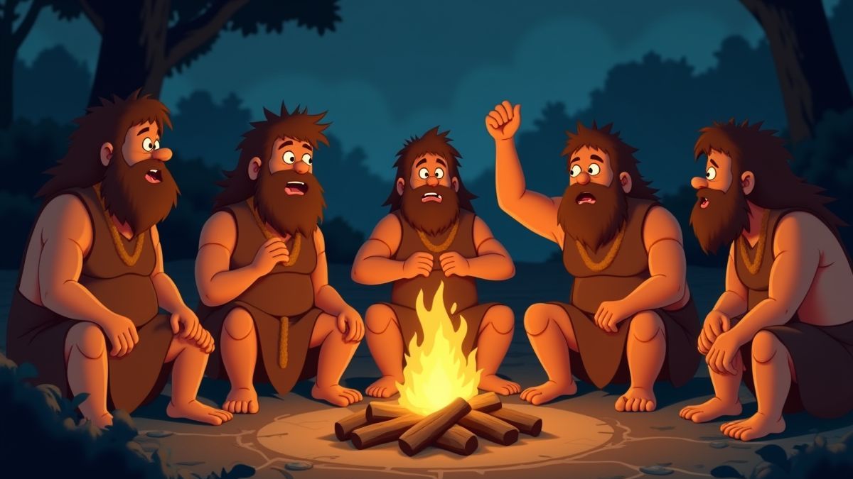 Escena prehistórica animada con hombres de las cavernas celebrando alrededor de una fogata.