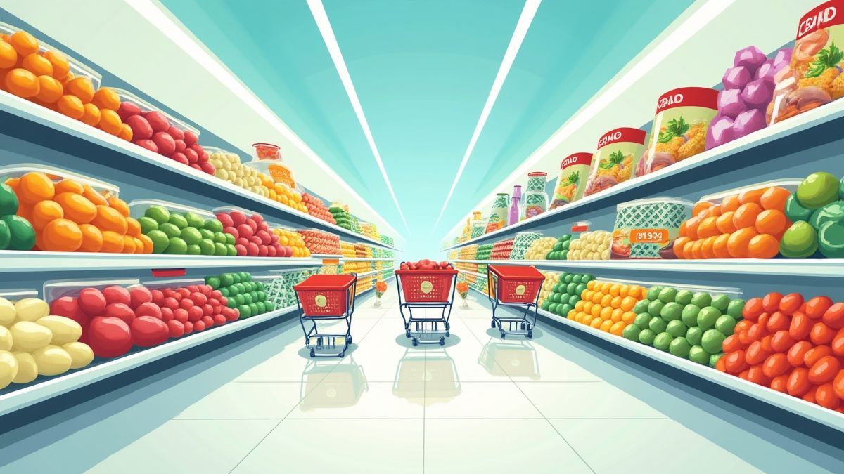 Lebhafter Supermarktgang voller bunter Produkte und Einkaufswagen.