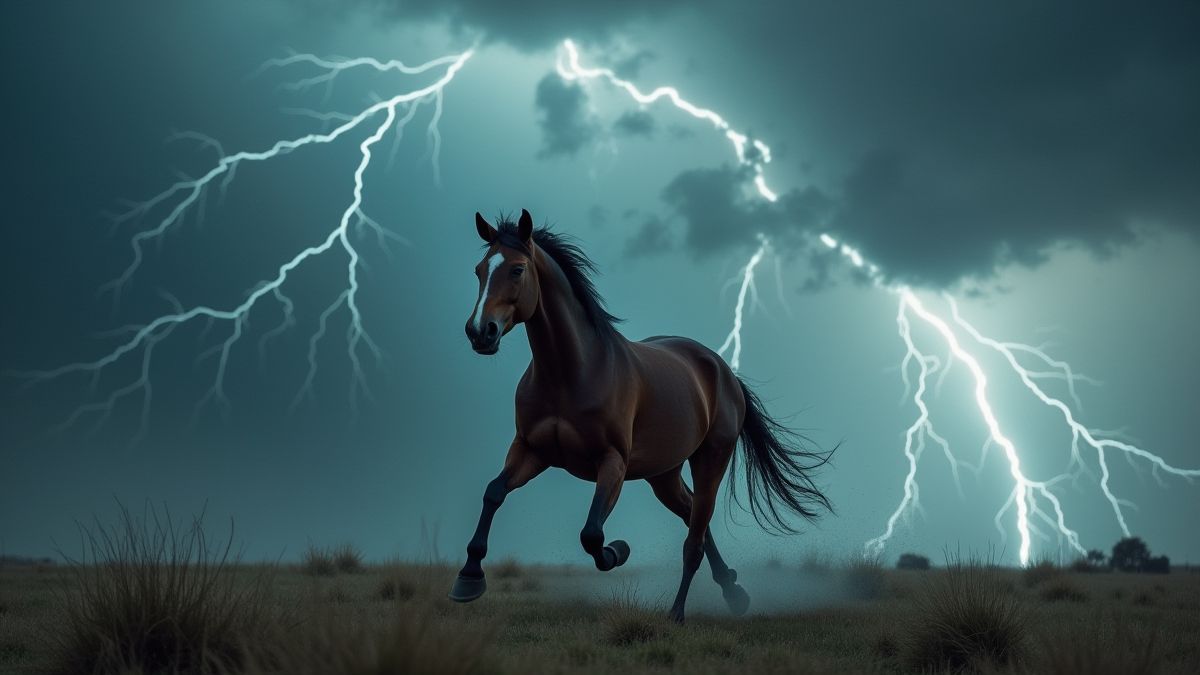 Um cavalo galopando em meio a uma tempestade elétrica.