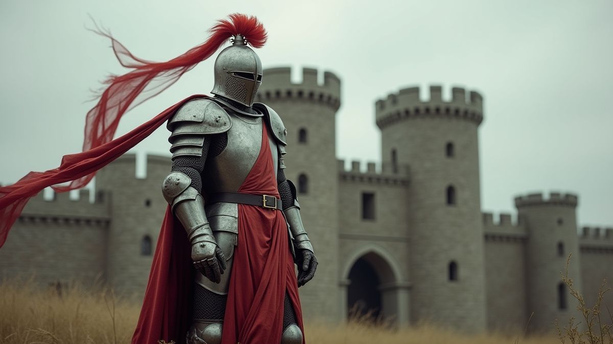 Caballero medieval frente a un castillo de piedra