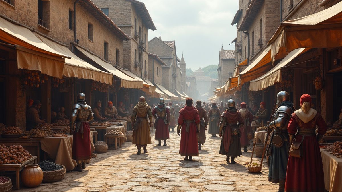 Mercado medieval com aldeanos e caballeros