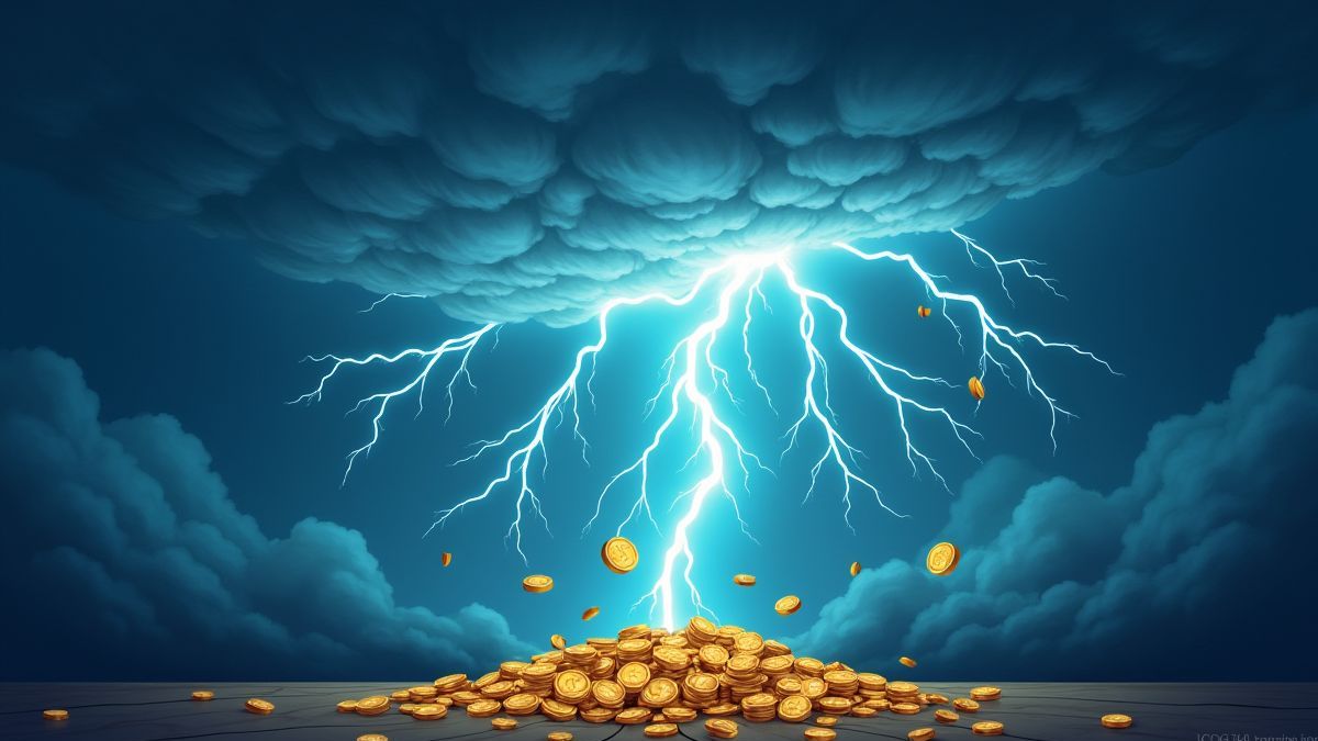 Bliksem en munten vallen in een stormachtige lucht.