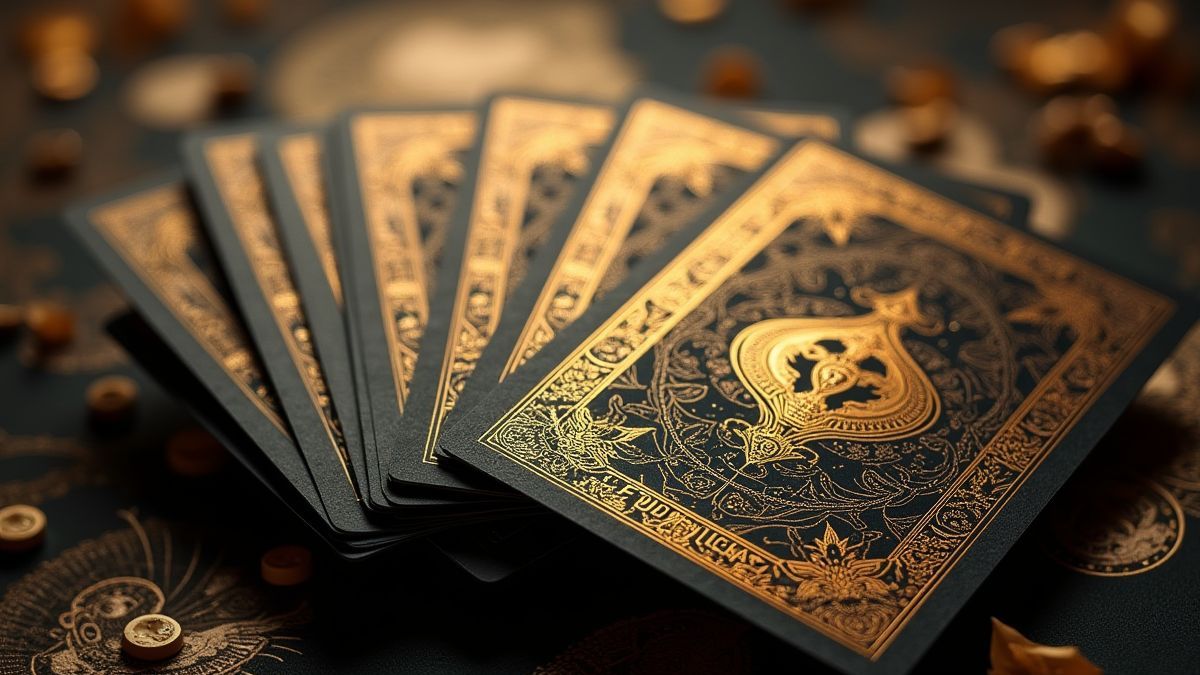 Baraja de cartas con temática veneciana dorada.