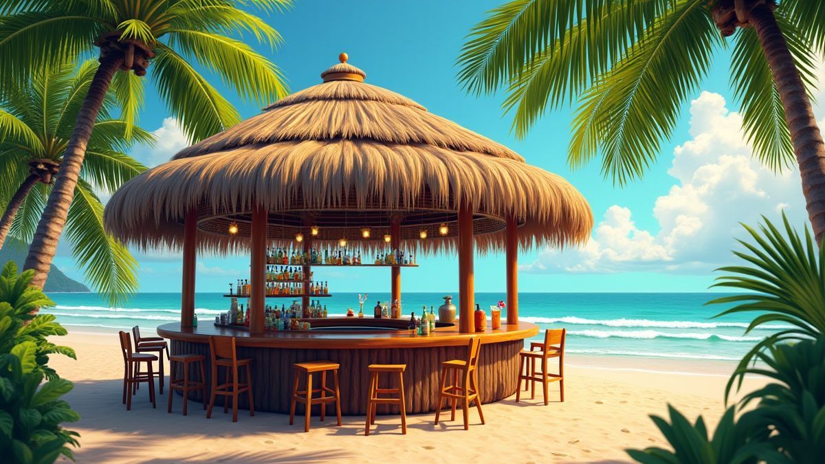 Eine Tiki-Bar umgeben von Palmen und tropischen Getränken an einem sonnigen Strand.