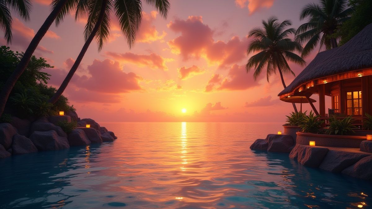 Ein ruhiger Ozean mit einem tropischen Sonnenuntergang und Tiki-Dekorationen.