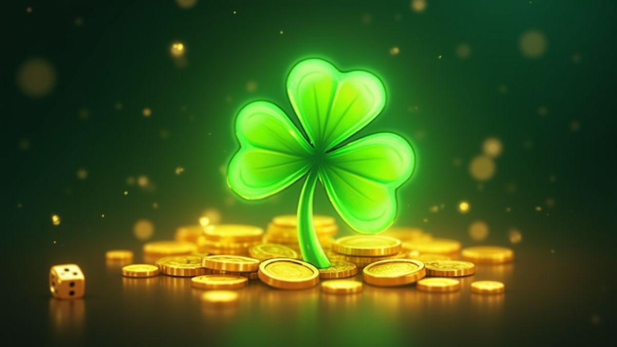 A glowing four-leaf clover surrounded by golden coins and dice.