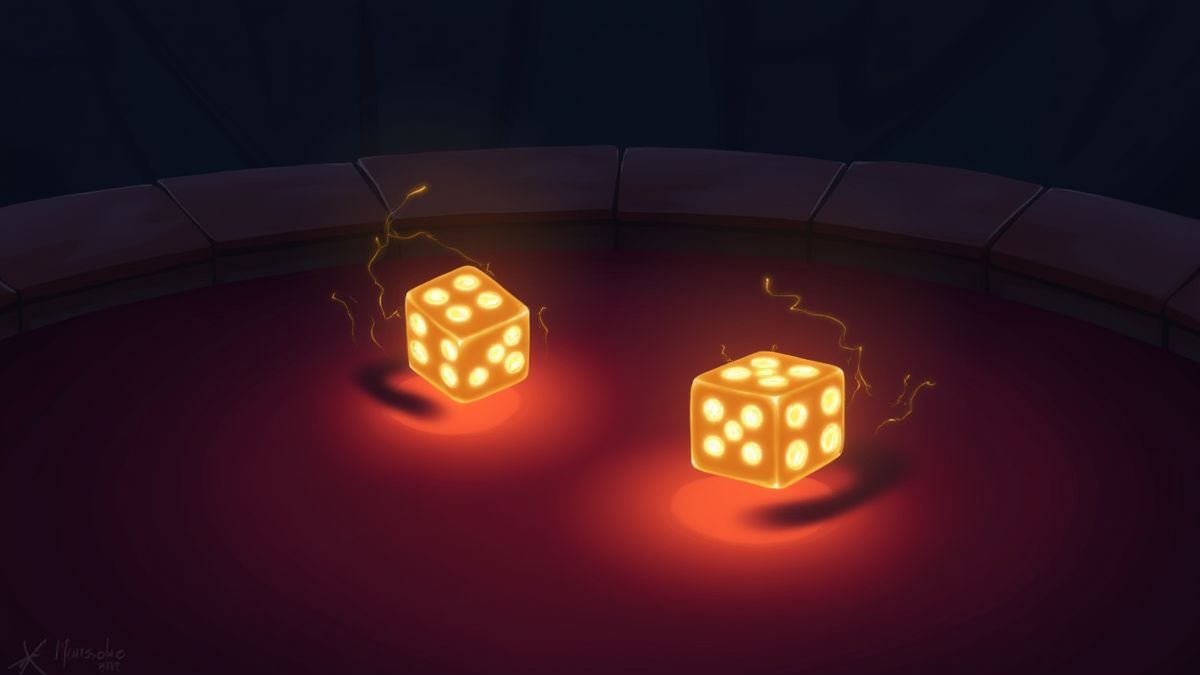 A pair of glowing dice rolling on a velvet table.
