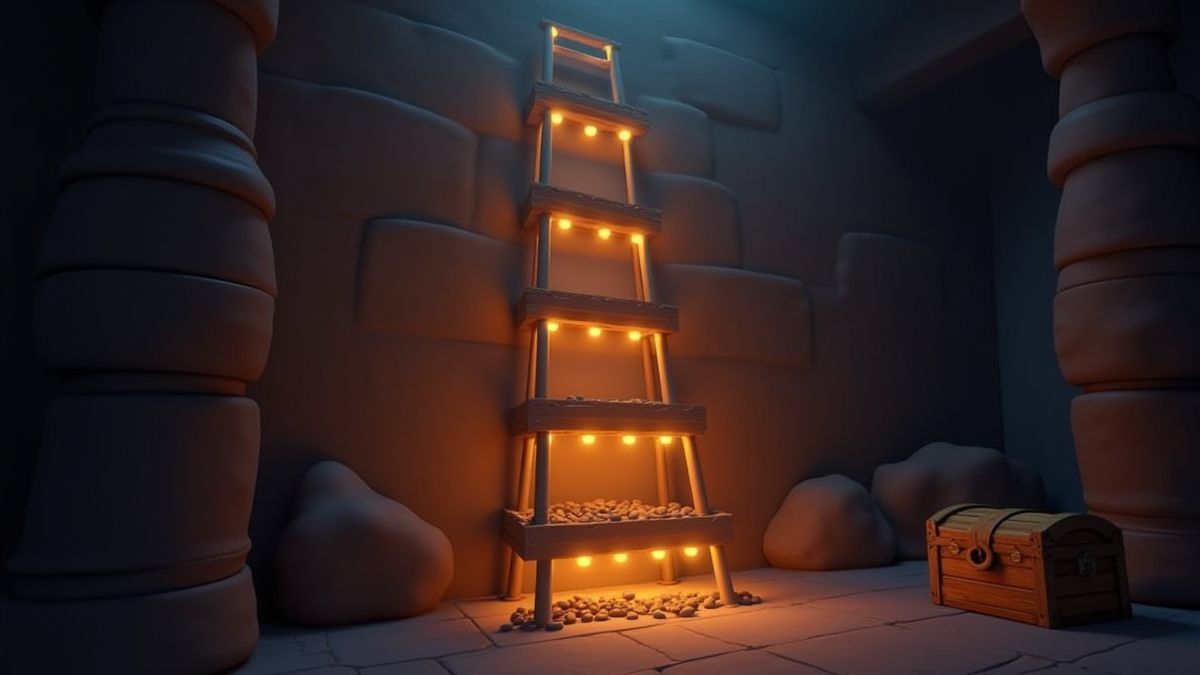 An animated ladder with glowing steps leading to a treasure chest.