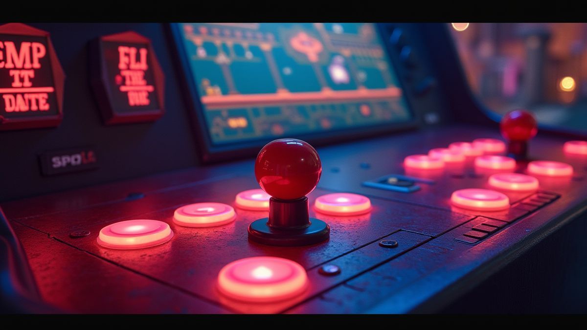 Machines arcade rétro avec boutons illuminés et personnages pixelisés.